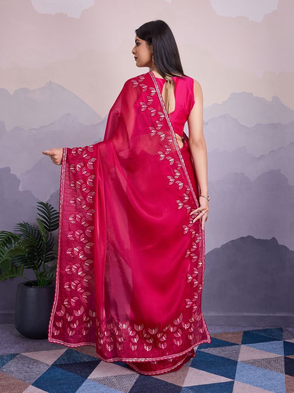 Pink Thread & Sequance Embroidery Work Jimmi Silk Saree