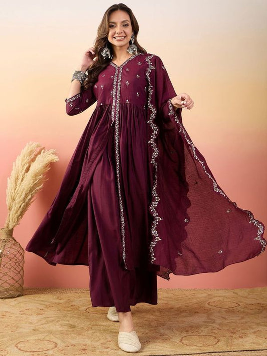 Maroon Color Beautiful Woven Silk Readymade Suit with Festive Thread Embroidery Work