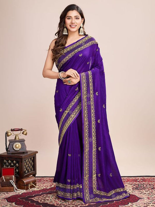 Wine Designer Embroidery Work Vichitra Silk Saree