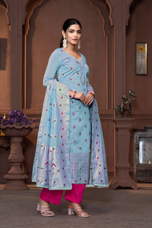 Blue Muslin Wevon Designer With Hand Work Ethnic Designer Salwar Kameez