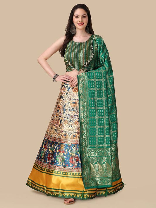 Digital Print Satin Silk Fabric Stitched Lehenga Choli With Jequared Blouse and Assami Silk Thread Work Dupatta For Women and Girls In Festive Party And Traditional Wear