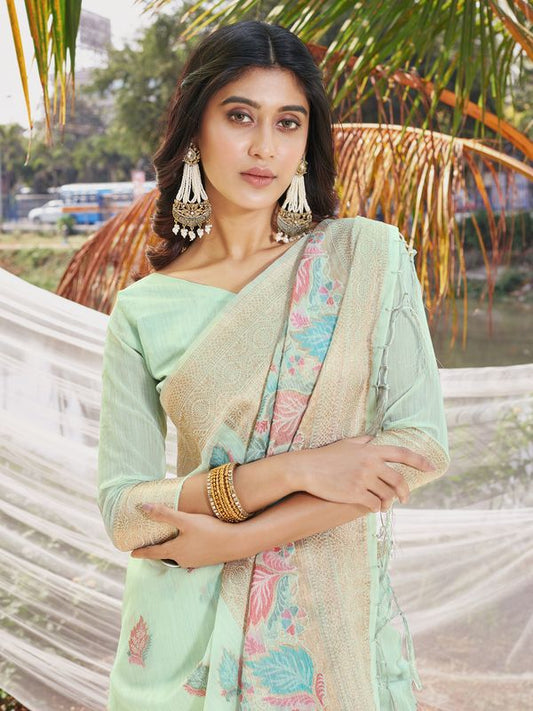 Sea Green Wevon Designer & Digital Printed Cotton Saree