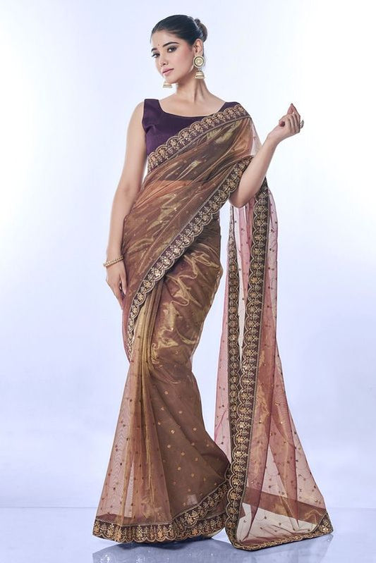 Brown Sequance Embroidery Work Golden Net Saree