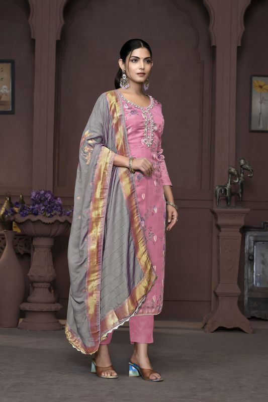 Pink Banarasi Organza Designer Printed With Hand Work Heavy Looks Traditional Salwar Suit For Indian Girls