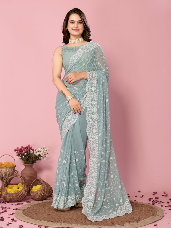 Grey Thread & Sequance Embroidery Work Georgette Saree