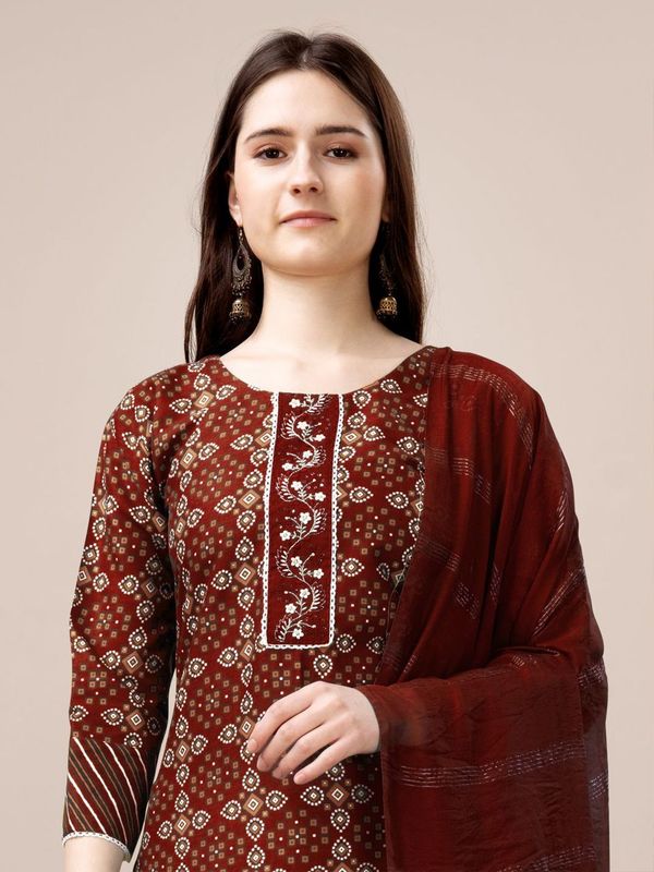 Maroon Color Rayon Fabric Designer Printed Readymade Suits With Smart Embroidery Work