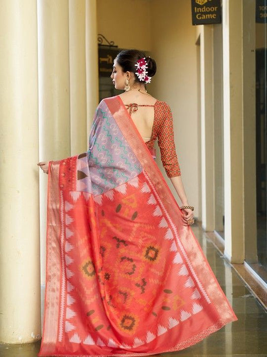 Grey Crepe Digital Print Saree With Tassels on Pallu and Stitched Orange Blouse