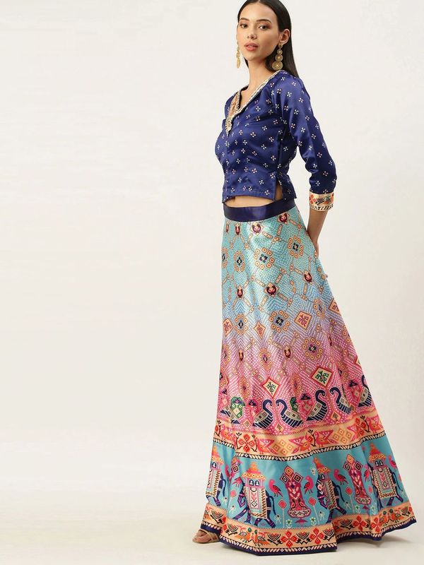 Digital Print Satin Silk Fabric Stitched Lehenga Choli With Jequared Blouse and Assami Silk Thread Work Dupatta For Women and Girls In Festive Party And Traditional Wear