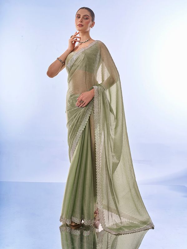 Pista Designer Work Lace Border & Swarovski Work Burburry Saree