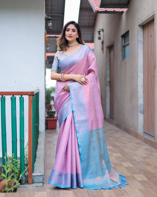 Pink Wevon Copper Jari Designer Kanjivaram Silk Saree