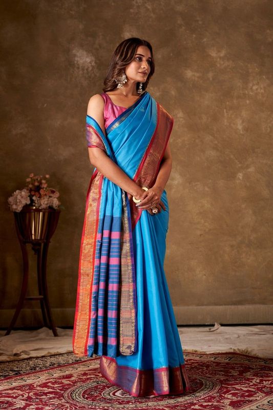 Blue Cotton Striped Saree and Stitched Pink Blouse