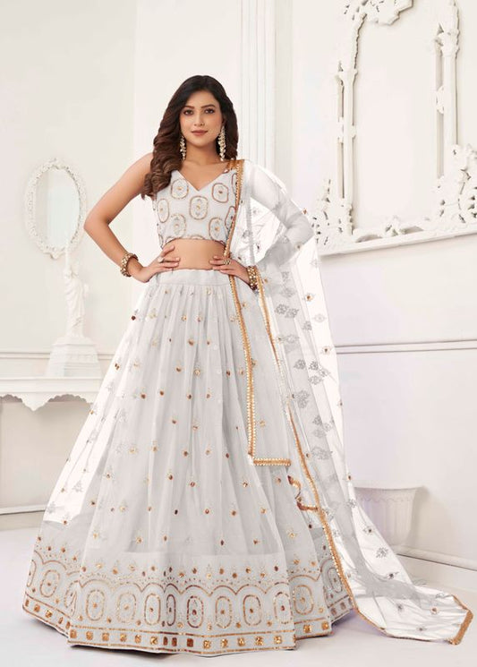 Off White Color Net Fabric Lehenga Choli With Sequins And Thread Embroidery Work