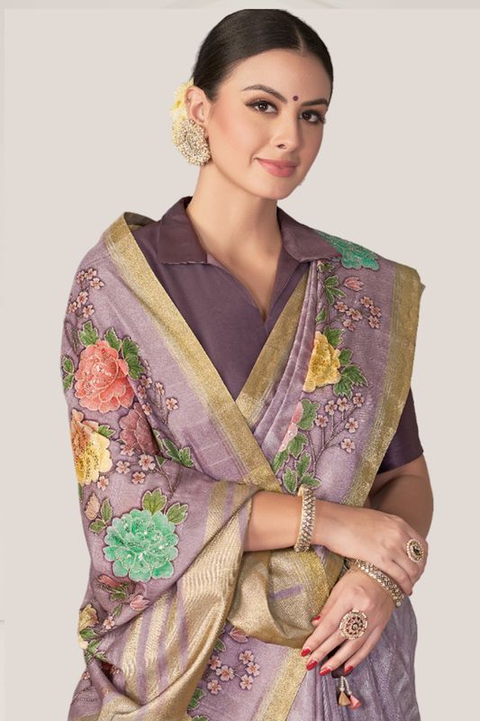 Lavender Rangkat Tussar Silk Floral Printed With Sequence Embroidery Work Heavy Wedding Ceremony Wear Saree