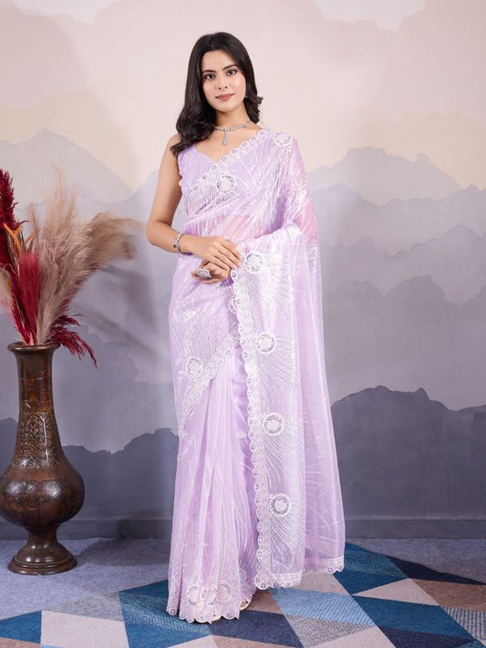 Glamorous Twill Net Fabric Purple Color Designer Sequance Embroidery Work Trendy Saree