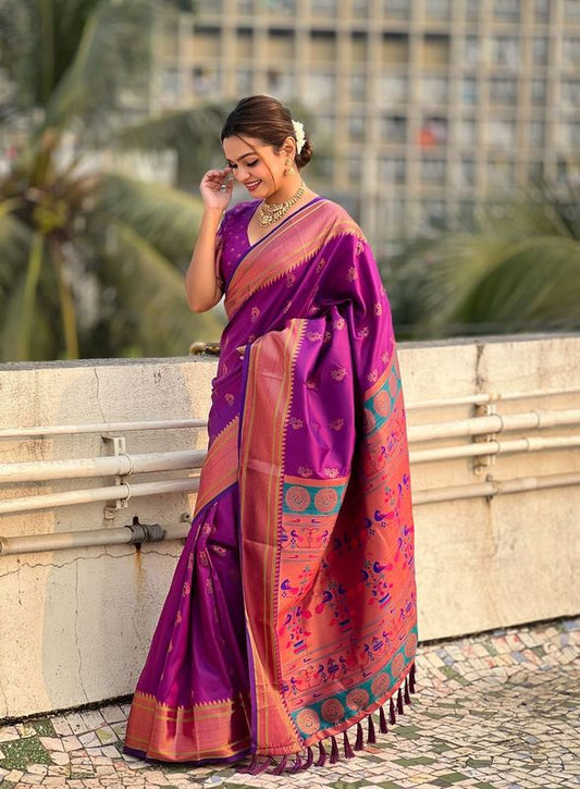 Purple Wevon Nath Meenakari Designer Soft Silk Saree