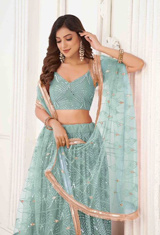 Ocean Blue Color Net Fabric Lehenga Choli With Sequins And Thread Embroidery Work