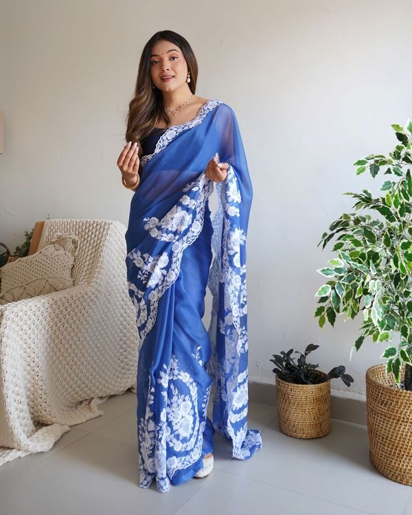 Blue Thread Embroidery & Cut Dana Work Thai Organza Silk Saree