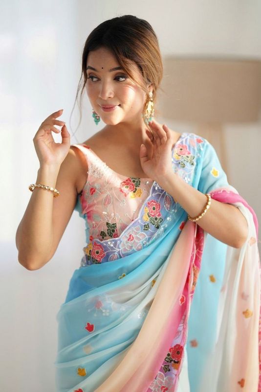 Sky Blue Georgette Fabric Bollywood Style Pedding Color With Embroidery Work Saree