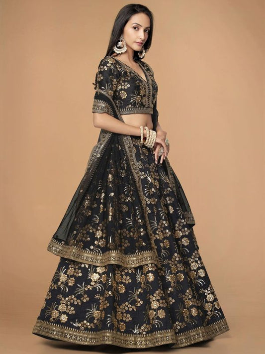 Black Women's Slub Silk Embroidery Lehenga Choli