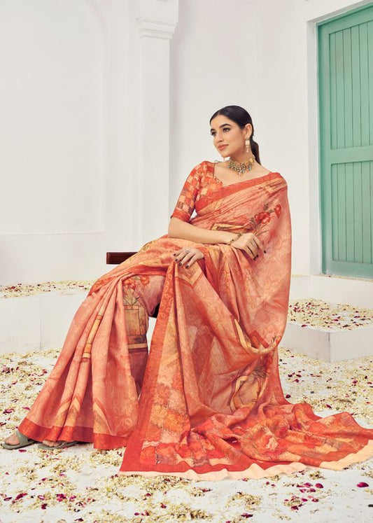 Orange Wevon Jari Designer & Digital Printed Natural Viscose Saree