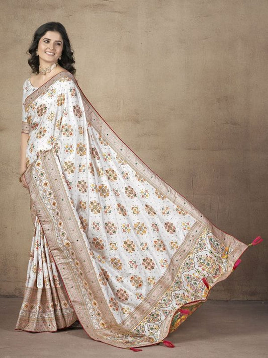 White Wevon Thread & Jari Designer & Hand Work Pashmina Silk Saree