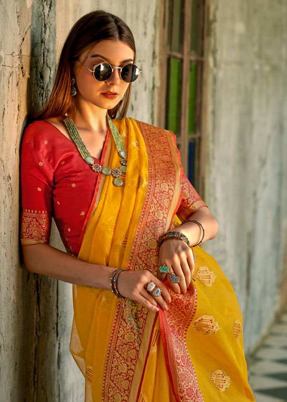 Yellow Weaving Designer Tissue Silk Saree