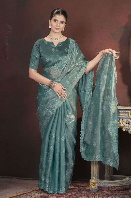 Teal Sequance & Thread Embroidery Work Jimmy Choo Saree