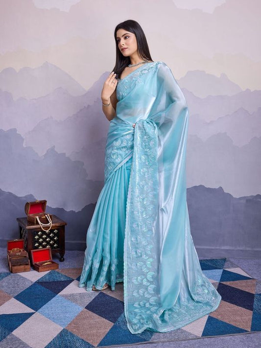 Sky Blue Thread & Sequance Embroidery Work Jimmi Silk Saree