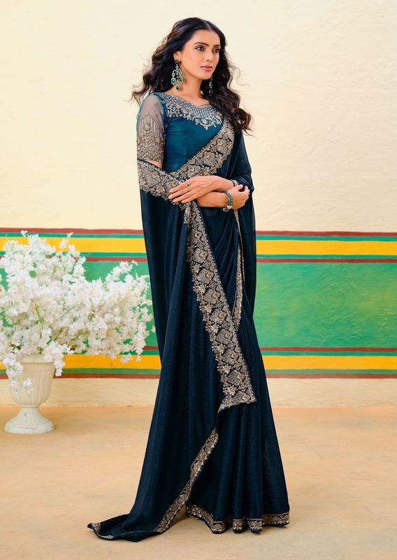 Peacock Blue Wevon Designer & Embroidery Work Georgette Jari Saree