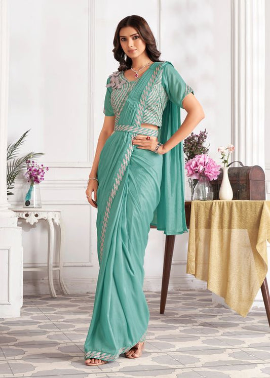 Aqua Designer Sequance Embroidery & Hand Work Satin Silk Saree