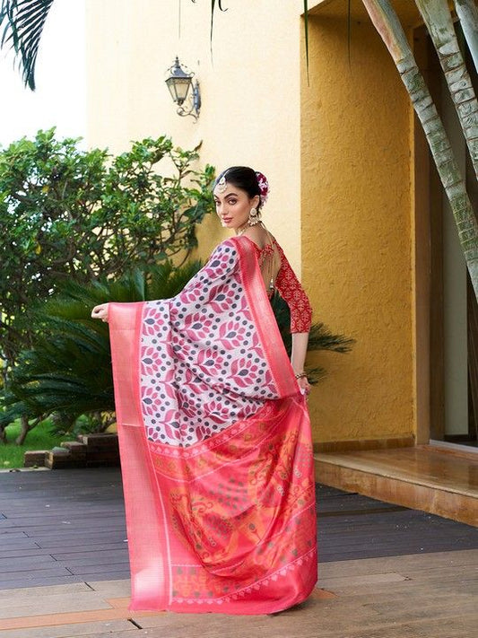 Light Pink Crepe Digital Print Saree With Tassels on Pallu and Stitched Pink Blouse