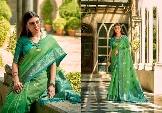 Parrot Green Weaving Designer Tissue Silk Saree