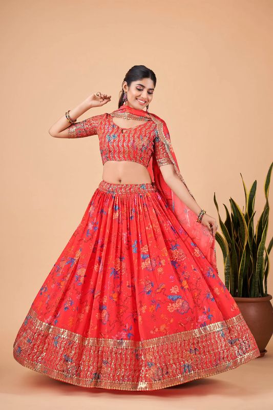 Digital Print Satin Silk Fabric Stitched Lehenga Choli With Jequared Blouse and Assami Silk Thread Work Dupatta For Women and Girls In Festive Party And Traditional Wear