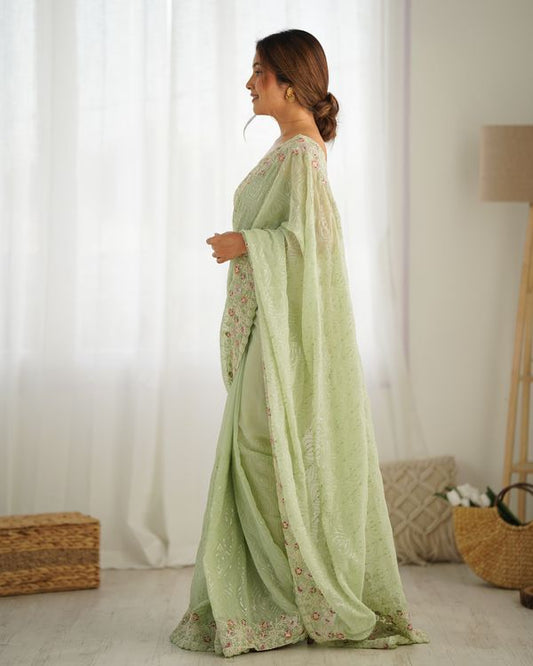 Pista Coding & Sequance Embroidery Work Georgette Saree