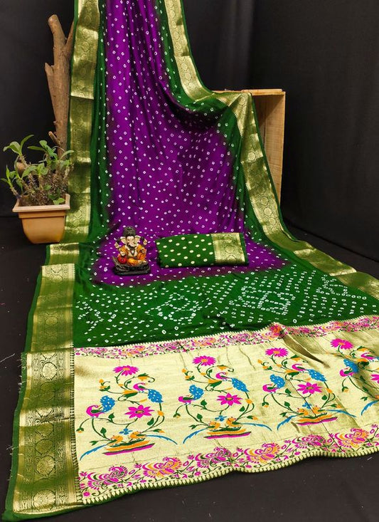 Green Dola Silk Wevon Designer Saree With Traditional Hand Bandhej Printed