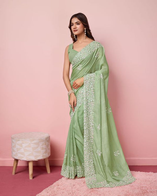 Pista Sequance Embroidery Work Tabby Silk Saree