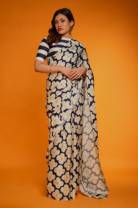 Off White Digital Printed Satin Georgette Saree