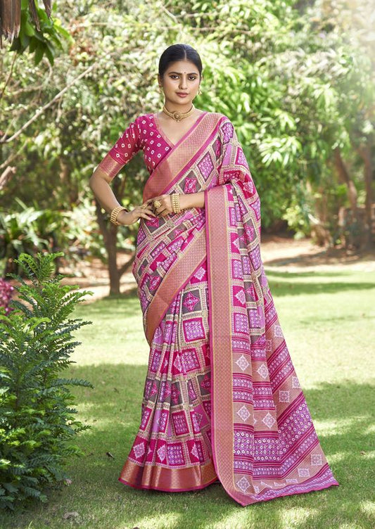 Pink Wevon Border Designer With Printed Kalamkari Silk Saree