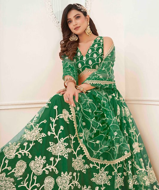 P.Green  Color Net With Sequins And Thread Embroidery Work -Stitched Lehenga & Unstitched Blouse With Dupatta