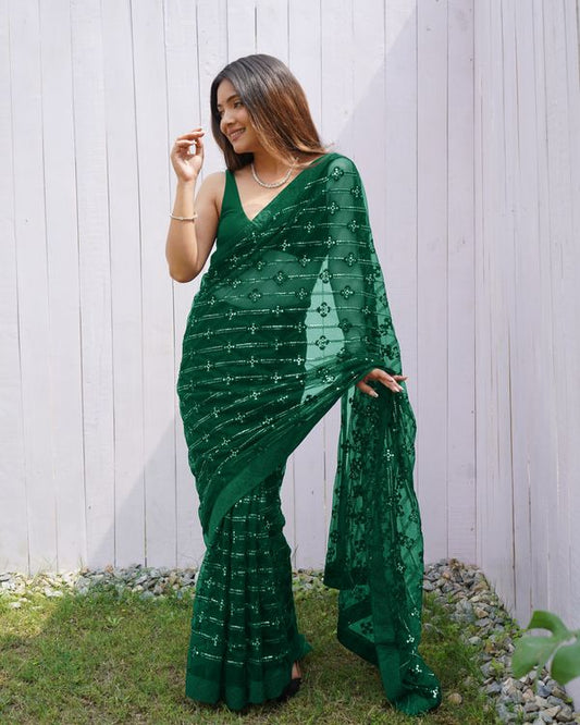 Green Color Graceful Butterfly Net Sequins Embroidery Saree With Diamond Work