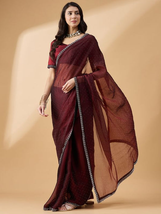 Brown Designer Swarovski & Stone Work Organza Saree