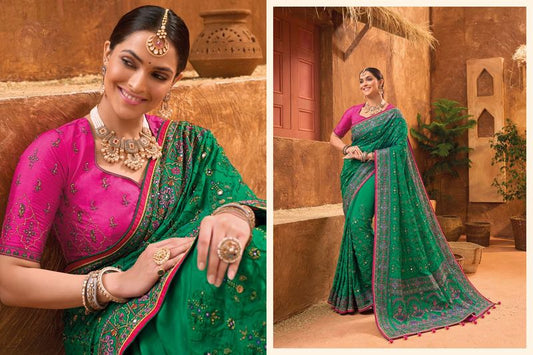 Green Wevon Designer & Real Mirror & Diamond & Kachhi Work Banaras Silk Saree