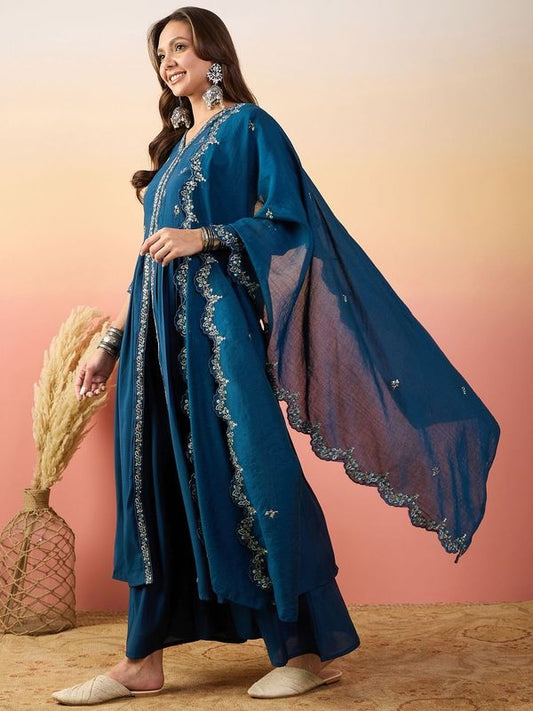 Blue Color Beautiful Woven Silk Readymade Suit with Festive Thread Embroidery Work