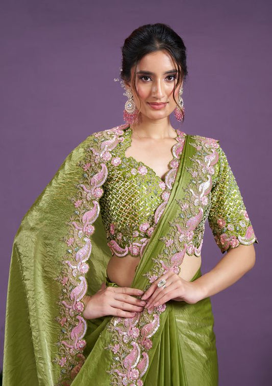 Liril Heavy Sequence Embroidery & Moti Work Two Tone Satin Silk Saree