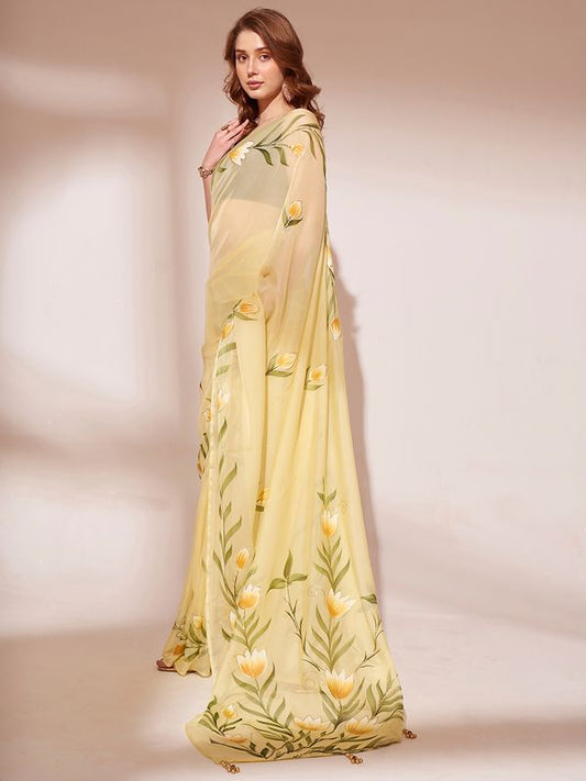 Yellow Designer Brush Printed Blooming Organza Saree