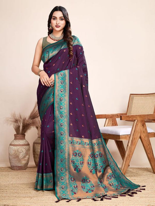 Purple Color Heavy Wevon Designer Jacquard Silk Saree For Traditonal Looks