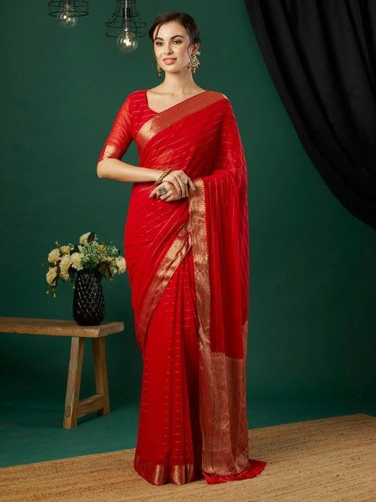 Red Chinnon Striped Saree With Tassels on Pallu and Stitched Red Blouse