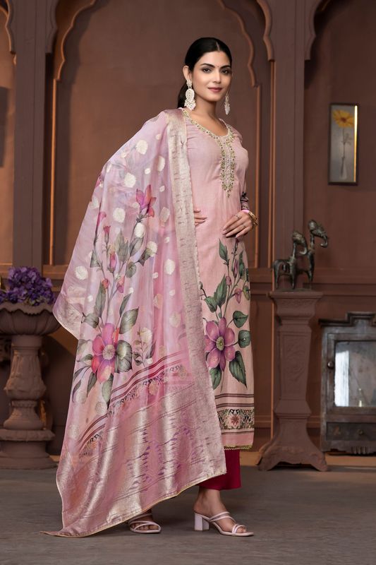 Pink Cembric Cotton Wevon Designer With Printed And Hand Work Graceful Wedding Wear Salwar Kameez