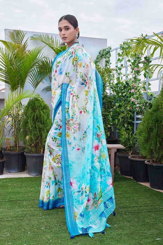 Blue Color Linen Blend Digital Printed Designer For Graceful Festive Looks