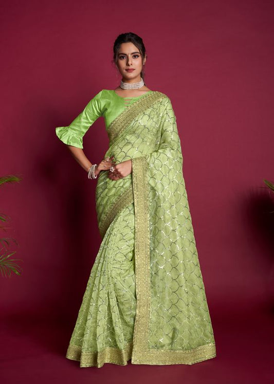 Green Designer Sequance Embroidery Work Organza Saree